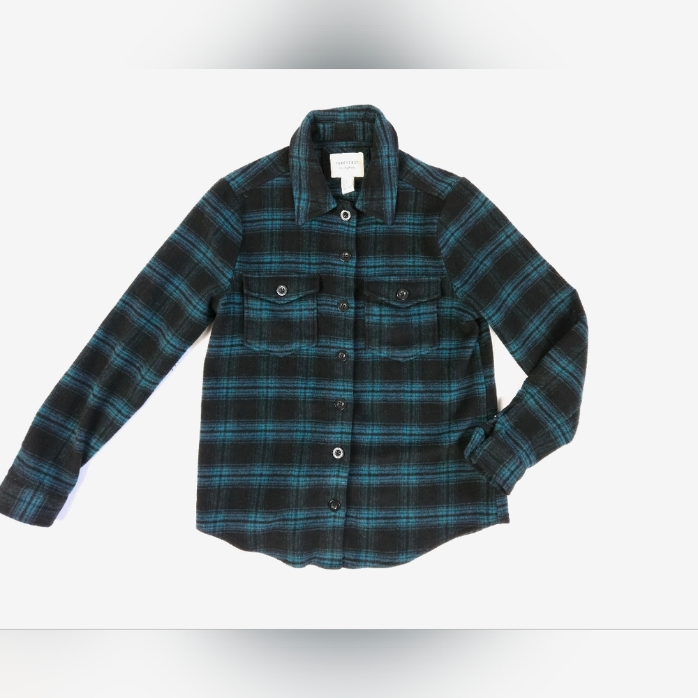FOREVER 21 Button Down Long Sleeve Green Teal Plaid Wool Blend Shirt Womens S